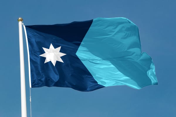 The Minnesota state flag waves against a blue sky.